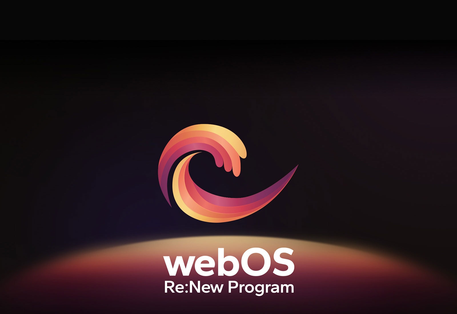 The webOS logo hovering in the center on a black background, and the space below is illuminated with the logo colors of red, orange, and yellow. The words "webOS Re:New Program" are below the logo.
