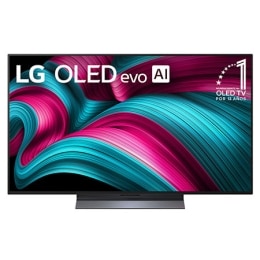 Vista de frente de la Smart TV LG OLED evo AI C5 4K. El emblema “OLED, número&nbsp;1 del mundo durante 12&nbsp;años” y el logotipo de LG OLED evo AI&nbsp;2025 aparecen en la pantalla.2