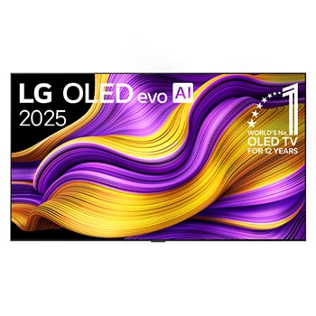 Front view of LG OLED evo AI G5 4K Smart TV. 12 Years of world number 1 OLED emblem and LG OLED evo AI 2025 logo are on the screen.1