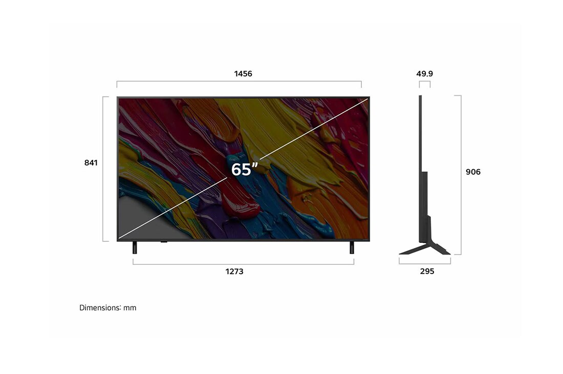 LG 65 pulgadas LG QNED AI QNED82 4K Smart TV 2025, Front view and side view of LG QNED82 AI 4K Smart TV showing its length, width, height, and depth dimensions., 65QNED82ASG, thumbnail 4