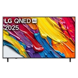 Front view of LG QNED82 TV, LG QNED Al Logo on the top corner. LG QNED82 TV depicts colorful paintike textures coming together.2