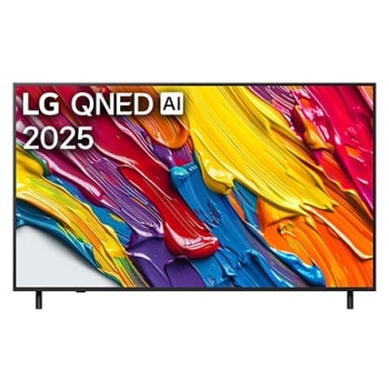 Front view of LG QNED82 TV, LG QNED Al Logo on the top corner. LG QNED82 TV depicts colorful paintike textures coming together.1
