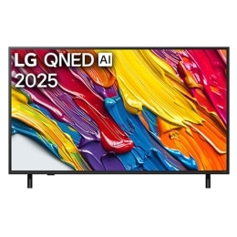 Front view of LG QNED82 TV, LG QNED Al Logo on the top corner. LG QNED TV depicts colorful paintike textures coming together.2