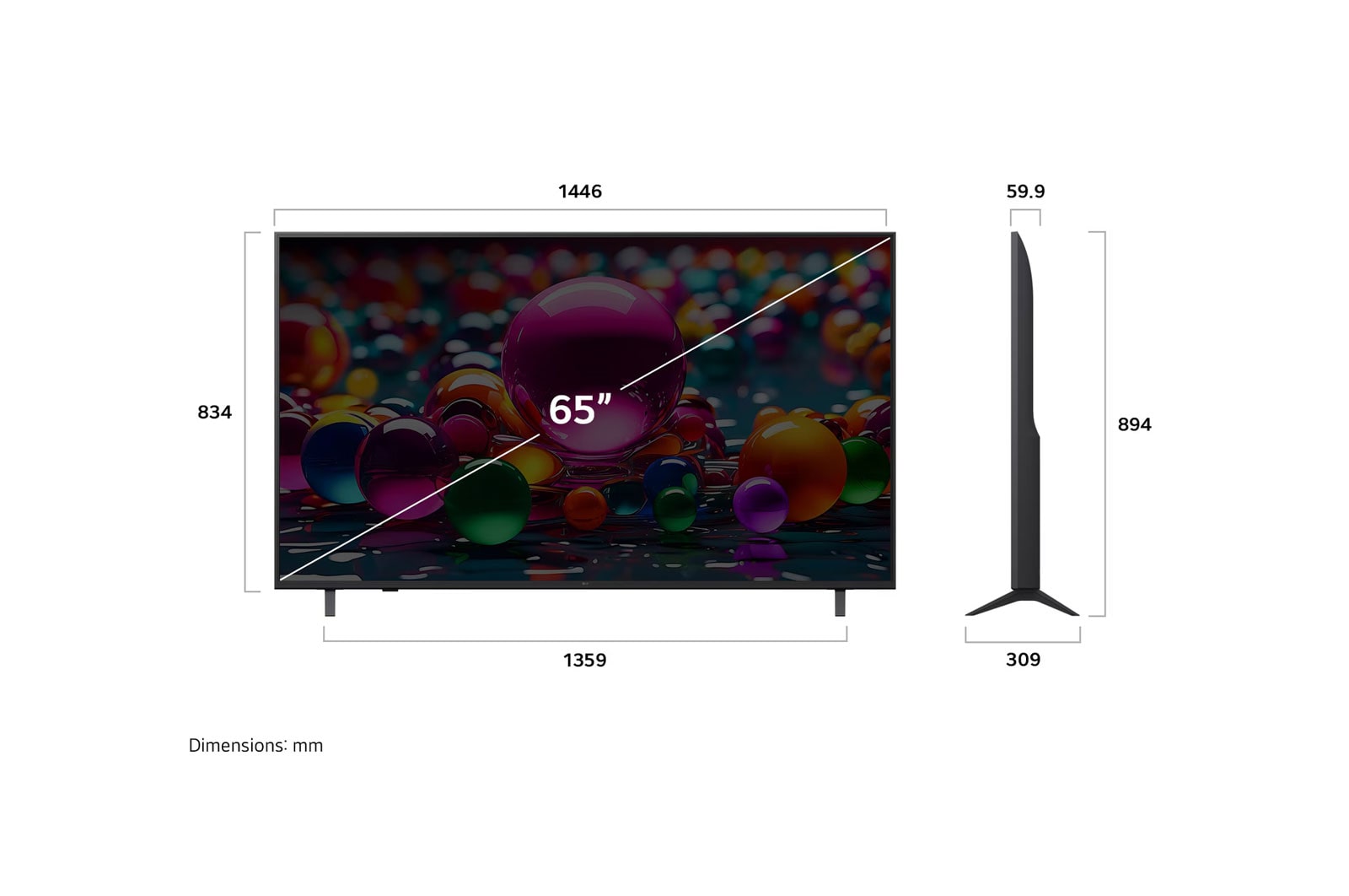 LG 65'' LG UHD AI UA80 AI 4K Smart TV 2025, Vista de frente y lateral de la Smart TV LG UHD AI UA80 4K en la que se ven sus dimensiones de longitud, ancho, altura y profundidad., 65UA8000PSB, thumbnail 4