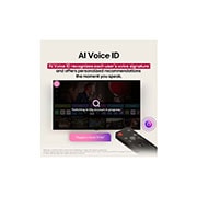 LG 65 pulgadas LG UHD AI UA85 AI 4K Smart TV 2025, La pantalla de una LG TV con un AI Magic Remote de fondo. El botón de IA está resaltado y con un globo de texto: Sugiere una película que me guste. En la pantalla, se muestra el ícono de usuario E, qu, 65UA8550PSA, thumbnail 9