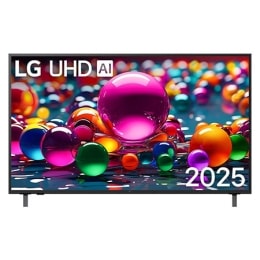Vista de frente de la UHD UA80 TV, logotipo de LG UHD Al en la esquina superior. En la LG UHD TV se muestran coloridas texturas como de pinturas que se combinan.2