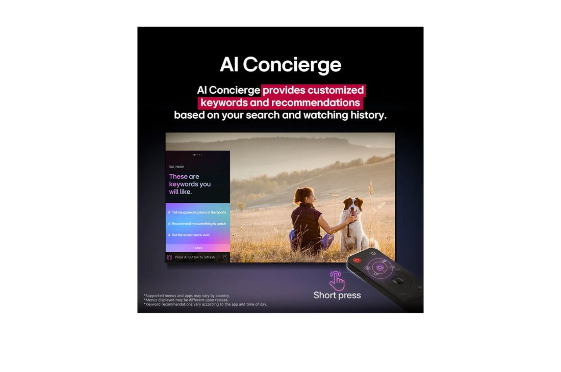 LG 50'' LG UHD AI UA80 AI 4K Smart TV 2025, Un LG AI Magic Remote frente a la pantalla de una LG TV. En la pantalla, aparece un saludo personalizado de LG AI con palabras clave personalizadas basadas en el historial de búsquedas y visualizacion, 50UA8000PSB, thumbnail 12