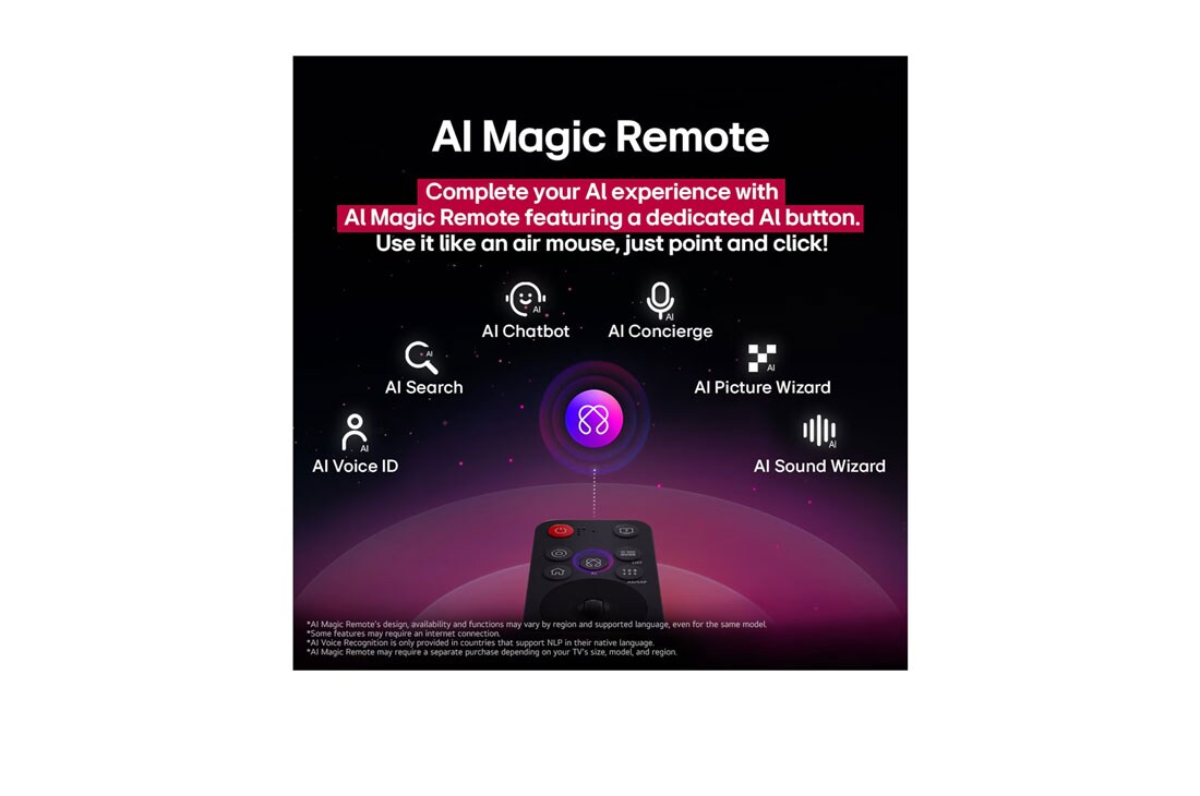 LG 43'' LG UHD AI UA80 AI 4K Smart TV 2025, LG AI Magic Remote con el botón de IA resaltado. A su alrededor, se encuentran las diferentes funcionalidades a las que el usuario puede acceder con el botón. AI Voice ID, AI Search, AI Chatbot, AI Co, 43UA8000PSB, thumbnail 10