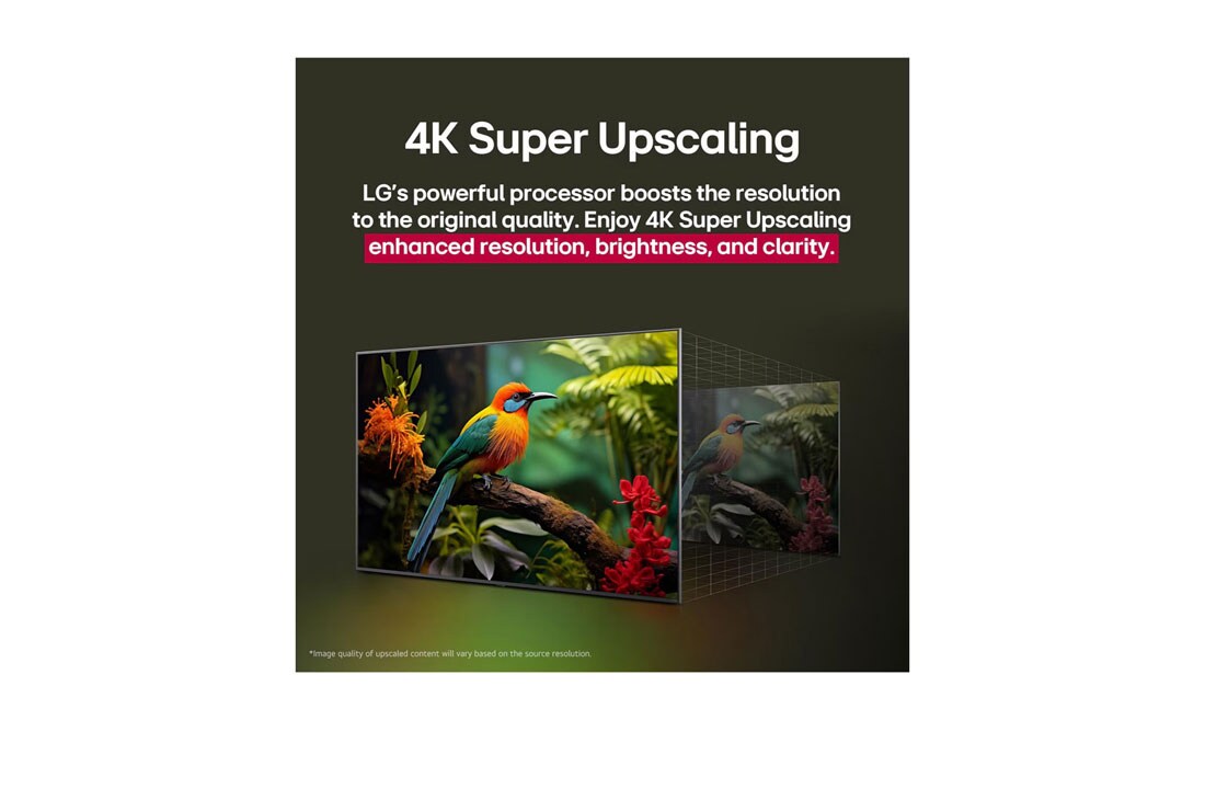 LG 43'' LG UHD AI UA80 AI 4K Smart TV 2025, Comparación de antes y después de cómo el superescalamiento&nbsp;4K de LG mejora la calidad de la imagen. Dos paneles muestran la misma imagen de un pájaro colorido posado en una rama en el bosque, el pane, 43UA8000PSB, thumbnail 6