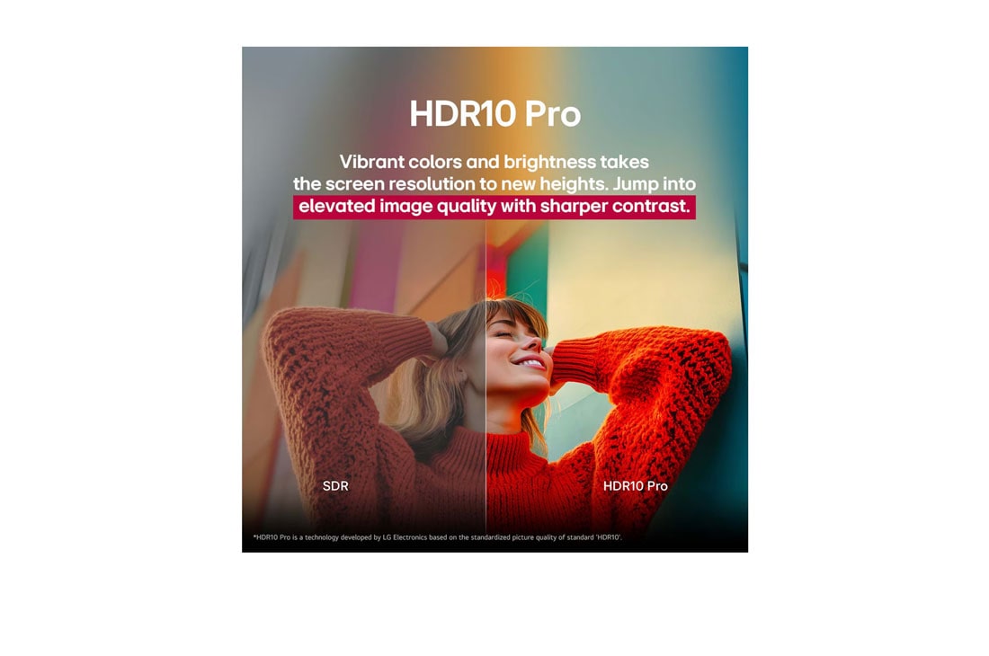 LG 43'' LG UHD AI UA80 AI 4K Smart TV 2025, Una foto de una chica con un suéter rojo dividida por la mitad para mostrar el lado izquierdo en SDR y el lado derecho en HDR10 Pro. La parte derecha de la imagen es más nítida y tiene mayor contraste, 43UA8000PSB, thumbnail 7