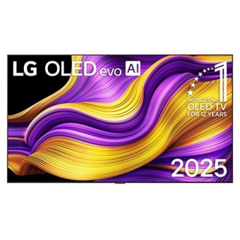 Front view of LG OLED evo AI b5 4K Smart TV. 12 Years of world number 1 OLED emblem and LG OLED evo AI 2025 logo are on the screen.1
