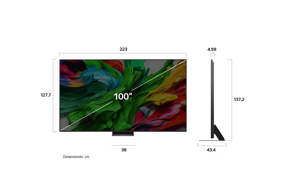 LG 100 pulgadas LG QNED evo AI QNED86 4K Smart TV 2025, Vista de frente y lateral del Smart TV LG QNED evo AI QNED86 4K en la que se ven sus dimensiones de longitud, ancho, altura y profundidad., 100QNED86AS, thumbnail 4