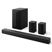LG Soundbar de cine en casa LG de 5.1 canales con sonido envolvente y altavoces traseros S60TR, Side view of the LG Soundbar S65TR, subwoofer, and rear speaker, S60TR, thumbnail 2