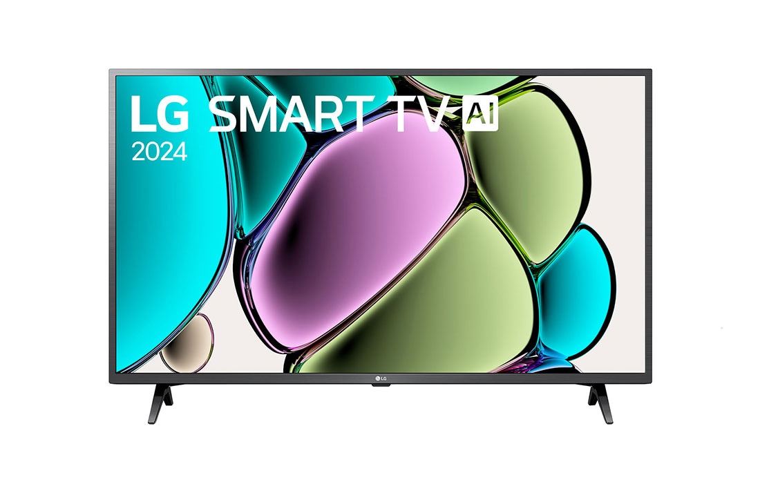 LG Pantalla LG AI SMART TV 43 pulgadas webOS SMART TV 2024 con ThinQ AI 43LR67PSA, Front view of LG FHD TV, LR67 with text of LG SMART TV and 2024 on screen with 2-pole stand, 43LR6700PSA