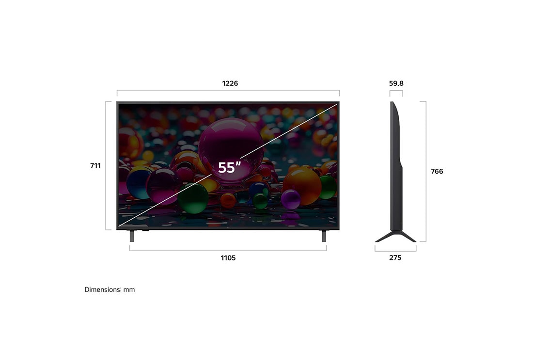 LG  55 pulgadas LG UHD AI UA85 AI 4K Smart TV 2025, Vista de frente y lateral de la Smart TV LG UHD AI UA80 4K en la que se ven sus dimensiones de longitud, ancho, altura y profundidad., 55UA8550PSA, thumbnail 4