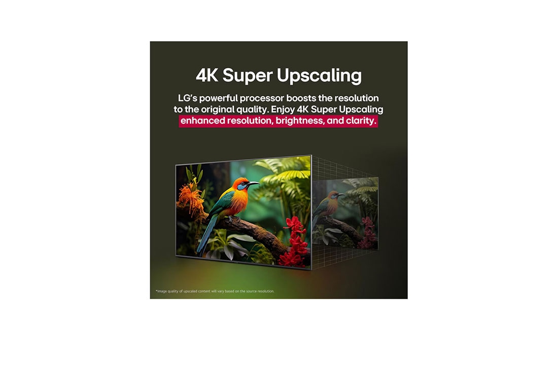 LG  55 pulgadas LG UHD AI UA85 AI 4K Smart TV 2025, Comparación de antes y después de cómo el superescalamiento 4K de LG mejora la calidad de la imagen. Dos paneles muestran la misma imagen de un pájaro colorido posado en una rama en el bosque, el pane, 55UA8550PSA, thumbnail 6