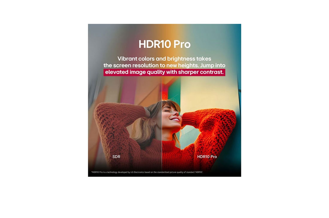 LG  55 pulgadas LG UHD AI UA85 AI 4K Smart TV 2025, Una foto de una chica con un suéter rojo dividida por la mitad para mostrar el lado izquierdo en SDR y el lado derecho en HDR10 Pro. La parte derecha de la imagen es más nítida y tiene mayor contraste, 55UA8550PSA, thumbnail 7