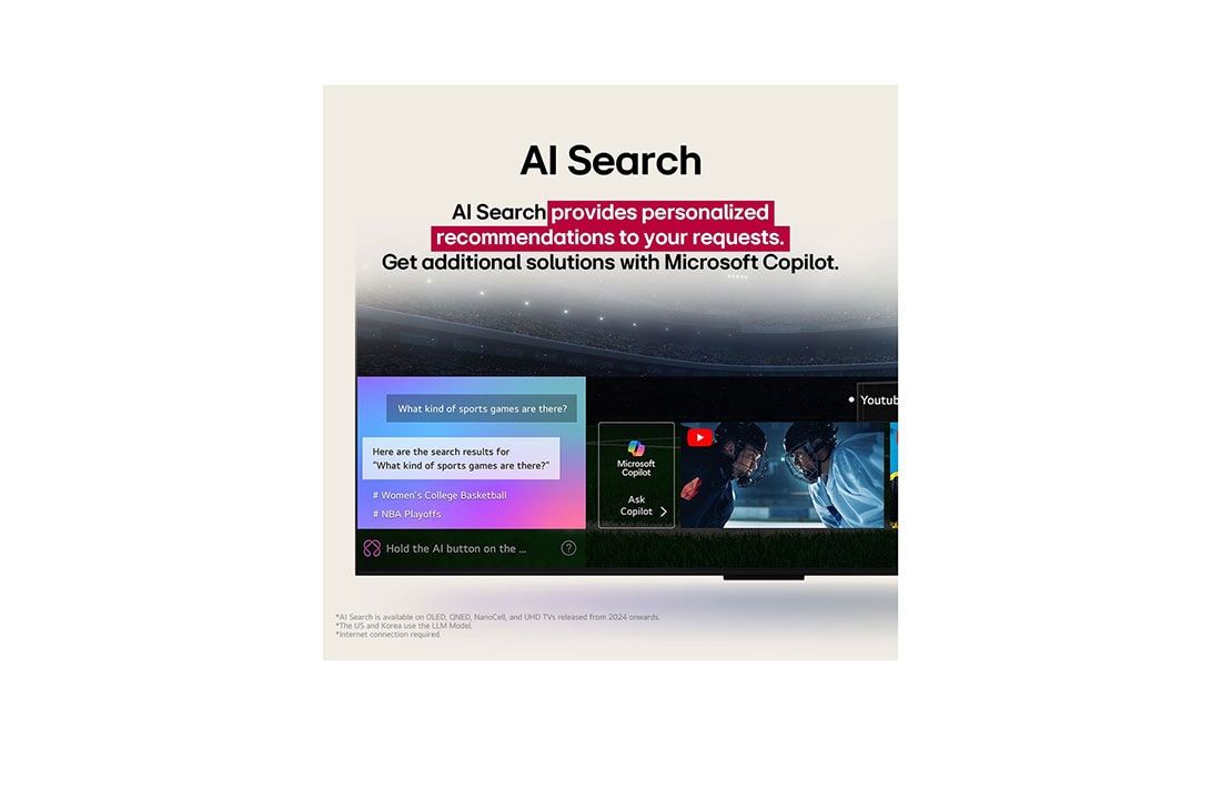 LG  55 pulgadas LG UHD AI UA85 AI 4K Smart TV 2025, Un primer plano de la pantalla de una LG TV en la que se muestra cómo funciona AI Search. Hay una pequeña ventana de chat abierta que muestra cómo el usuario preguntó qué eventos deportivos están disp, 55UA8550PSA, thumbnail 11