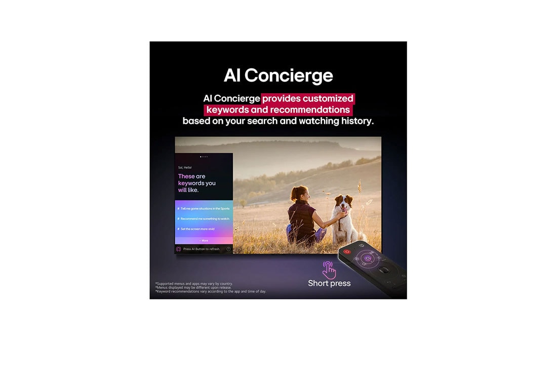 LG  55 pulgadas LG UHD AI UA85 AI 4K Smart TV 2025, Un LG AI Magic Remote frente a la pantalla de una LG TV. En la pantalla, aparece un saludo personalizado de LG AI con palabras clave personalizadas basadas en el historial de búsquedas y visualizacion, 55UA8550PSA, thumbnail 12