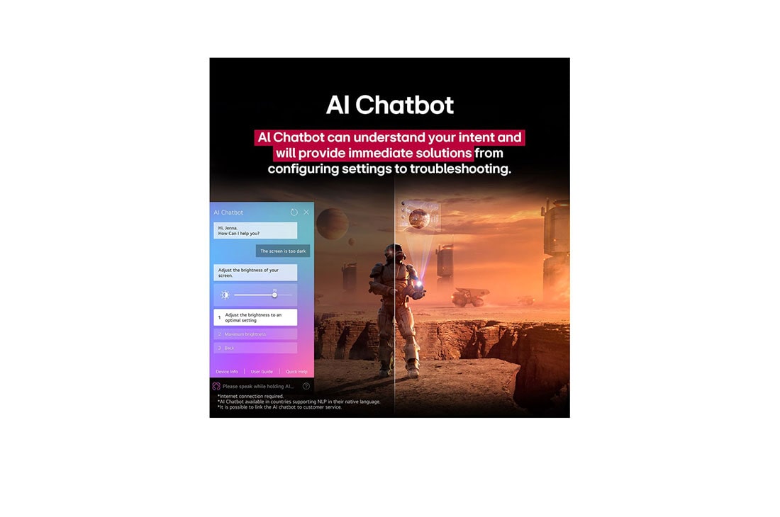 LG  55 pulgadas LG UHD AI UA85 AI 4K Smart TV 2025, Pantalla de una LG TV que reproduce contenido de ciencia ficción. En la pantalla, se muestra la interfaz de AI Chatbot. El usuario envió un mensaje al chatbot en el que dijo que la pantalla está demas, 55UA8550PSA, thumbnail 13