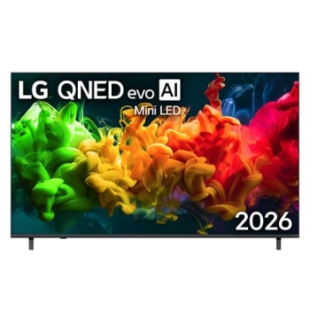 La vista frontal de LG QNED evo AI Mini LED QNED80, lanzada en 2026, llena la pantalla con flujos vívidos y fluidos de movimiento multicolor, similar a la pintura, a medida que los colores en capas se1
