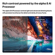 LG 65'' LG Mini RGB evo AI MRGB85 4K Smart TV 2026, LG Mini RGB evo AI MRGB85 destaca la atenuación de precisión a través de una imagen dividida que compara el LED convencional a la izquierda con negros más profundos y una definición de contraste mejor, 65MRGB85BSC, thumbnail 7