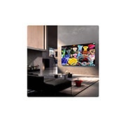 LG 75&nbsp;Inch LG Mini RGB evo AI MRGB85 4K Smart TV&nbsp;2026, LG Mini RGB evo AI MRGB85 está montado en la pared en un espacio de estar espacioso y contemporáneo, que muestra una obra de arte abstracta vívida con elementos multicolores en espiral., 75MRGB85BSC, thumbnail 11