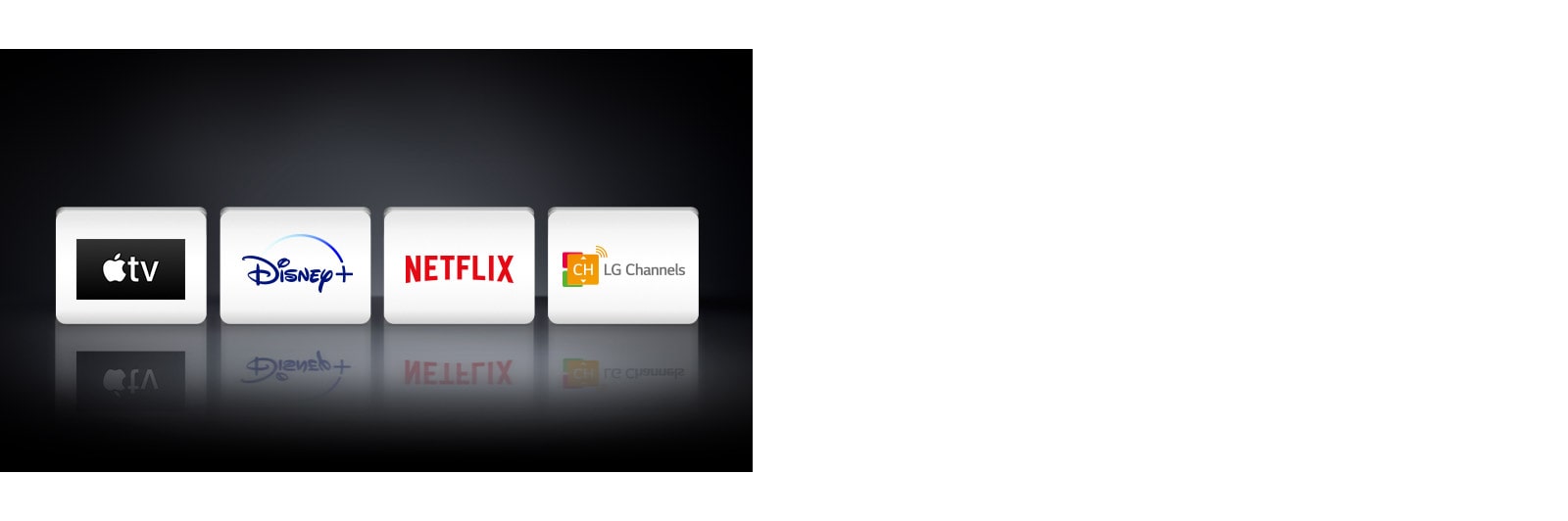 Se muestran cuatro logotipos de aplicaciones de izquierda a derecha: Apple TV, Disney+, Netflix y los canales LG.