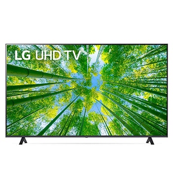 Una vista frontal del televisor LG UHD con la imagen de relleno y el logotipo del producto encima1