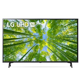 Una vista frontal del televisor LG UHD con la imagen de relleno y el logotipo del producto encima2
