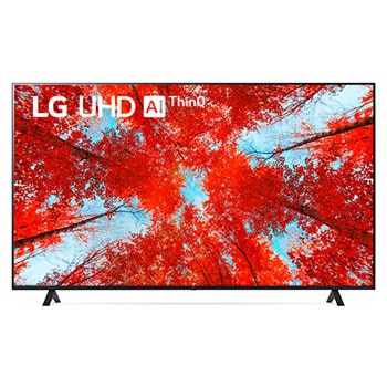 Una vista frontal del televisor LG UHD con la imagen de relleno y el logotipo del producto encima1