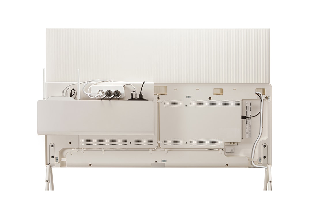 LG OLED | Objet Collection Posé con webOS y AI ThinQ, Posé visto desde atrás sin la Cubierta colocada, mostrando el manejo de cables del televisor. El organizador de cables y accesorios en el estante multimedia tiene capacidad para un enrutador, una regl, 55LX1QPSA, thumbnail 10