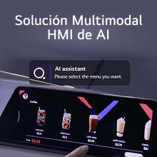 Usuario interactuando con una interfaz táctil impulsada por una solución HMI de IA multimodal, seleccionando el menú de café con la asistencia de un asistente de IA.