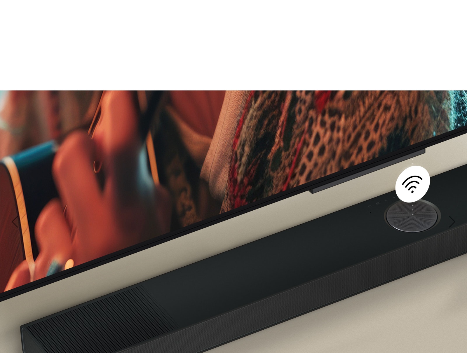 Lähivõte LG TV telerist LG Soundbar ribakõlari kohal, mille peal hõljub WIFI sümbol.