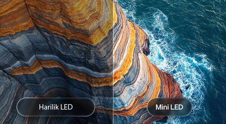 LG QNED AI Mini LED QNED70 toob esile, kuidas selle Mini LED paljastab teravamad kivitekstuure ja selgemad ookeani detailid võrreldes tavalise LED-iga rannikukalda jagatud stseenis, pakkudes sügavamaid musti ja rafineeritumat kontrasti suurema selguse ja sügavuse saavutamiseks.