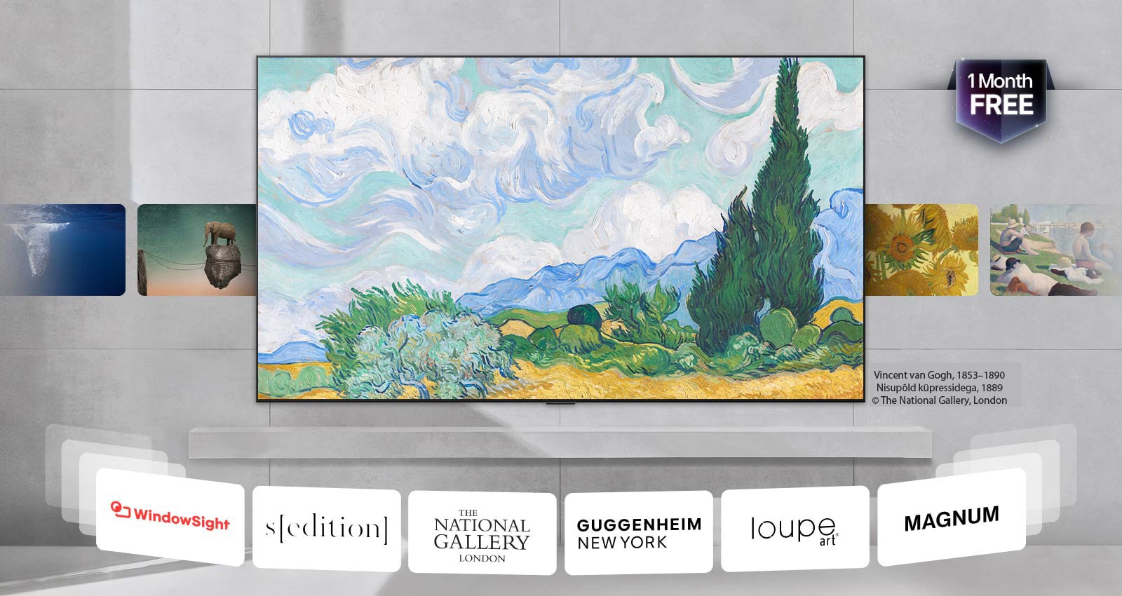 LG QNED AI Mini LED QNED70 koos LG Gallery+'ga kuvab kodusisustuses kureeritud kunstiteoseid, mis vahelduvad rotatsioonis, koos partnermuuseumide viidete ja sõnumiga „1 kuu tasuta". 