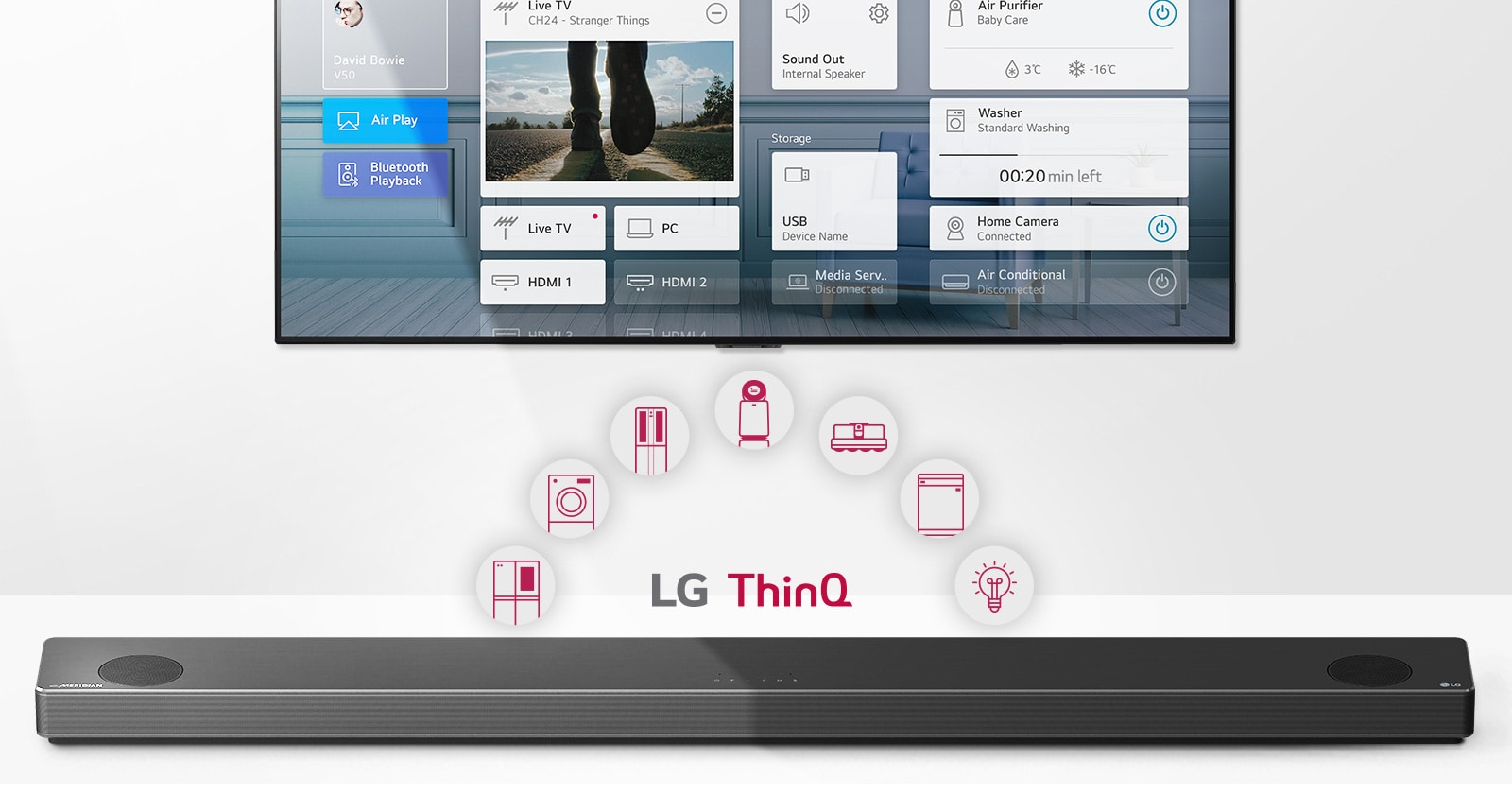 Teler seina peal. LG heliriba on teleri all. LG ThinQ logo ja seadme ikoone kuvatakse teleri ja LG heliriba vahel.