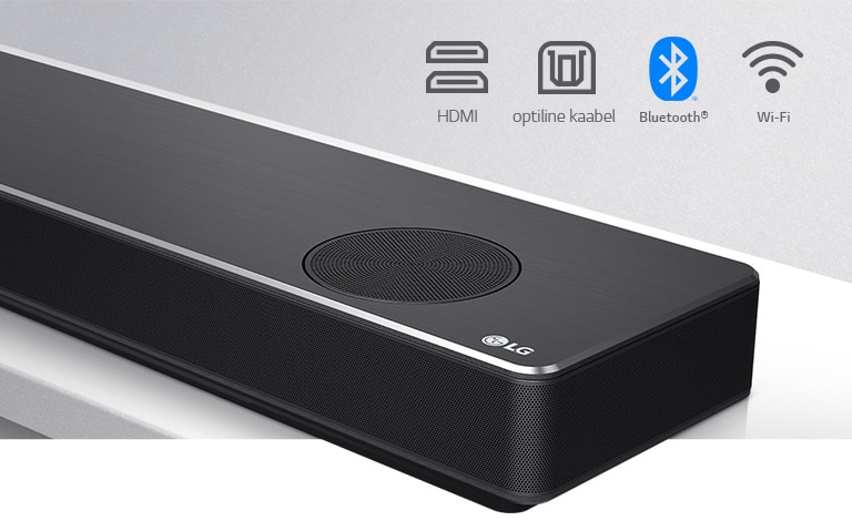 LG heliriba parema külje lähivaade, paremas alanurgas on LG logo. Toote kohal on ühenduse ikoonid.