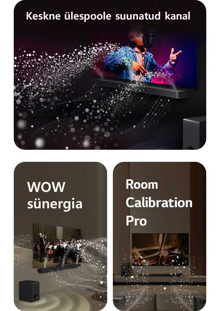 LG TV teler ja LG Soundbar ribakõlar elutoas, kus toimub muusikaline etendus. Helilaineid kujutavad valged, piisakestest koosnevad lained paiskuvad ribakõlarist üles ja edasi ning bassikõlar tekitab heliefekti altpoolt.  LG TV teler ja LG Soundbar ribakõlar elutoas, kus toimub muusikaline etendus. Helilaineid kujutavad valged, piisakestest koosnevad lained paiskuvad ribakõlarist üles ja edasi ning projitseeruvad telerist, kuna bassikõlar tekitab heliefekti altpoolt.  LG Soundbar ribakõlar, LG TV, tagumised kõlarid ja bassikõlar on elutoas. Ruumi kohale ilmub ülekatteruudustik, nagu toimuks ruumi skannimine. Tagakõlarite eesmisest vaatenurgast tulevad tilkadest välja valged helilained.