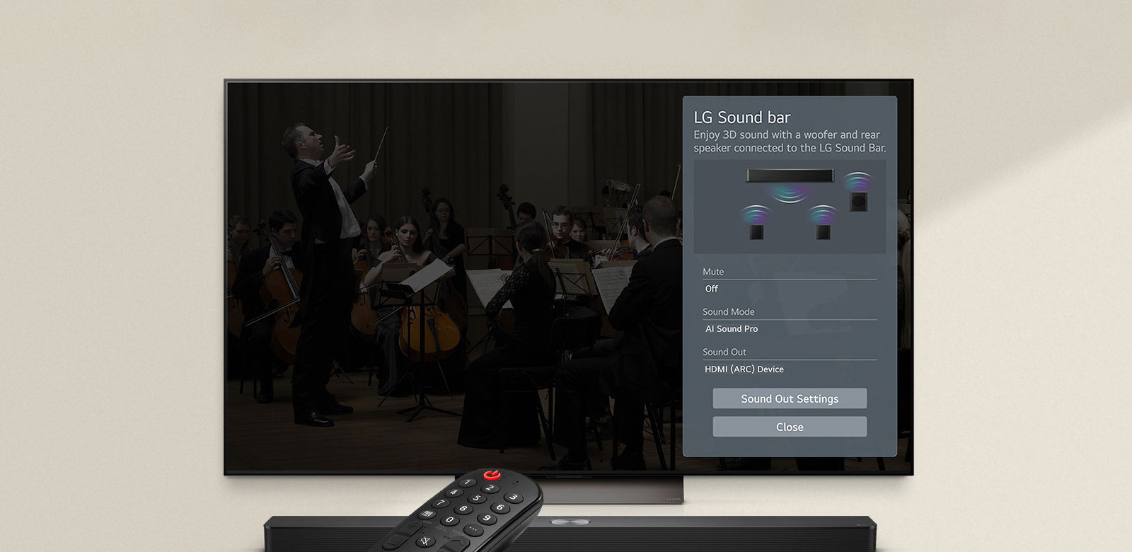 LG kaugjuhtimispult osutab LG TV teleri poole, mille all on LG Soundbar ribakõlar. LG TV näitab ekraanil WOW-liidese menüüd.