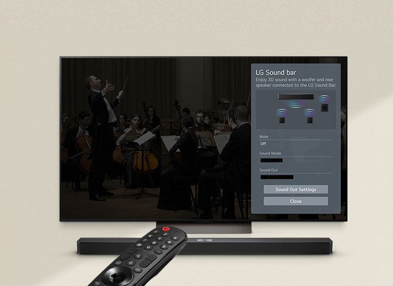 LG kaugjuhtimispult osutab LG TV teleri poole, mille all on LG Soundbar ribakõlar. LG TV näitab ekraanil WOW-liidese menüüd.