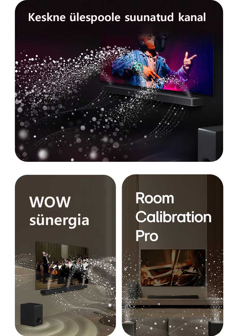 LG TV teler ja LG Soundbar ribakõlar elutoas, kus toimub muusikaline etendus. Helilaineid kujutavad valged, piisakestest koosnevad lained paiskuvad ribakõlarist üles ja edasi ning bassikõlar tekitab heliefekti altpoolt.  LG TV teler ja LG Soundbar ribakõlar elutoas, kus toimub muusikaline etendus. Helilaineid kujutavad valged, piisakestest koosnevad lained paiskuvad ribakõlarist üles ja edasi ning projitseeruvad telerist, kuna bassikõlar tekitab heliefekti altpoolt.  LG Soundbar ribakõlar, LG TV, tagumised kõlarid ja bassikõlar on elutoas. Ruumi kohale ilmub ülekatteruudustik, nagu toimuks ruumi skannimine. Piiskadest koosnevad valged helilained näitavad, et tagumised kõlarid ja Soundbar ribakõlar mängivad harmoonias.
