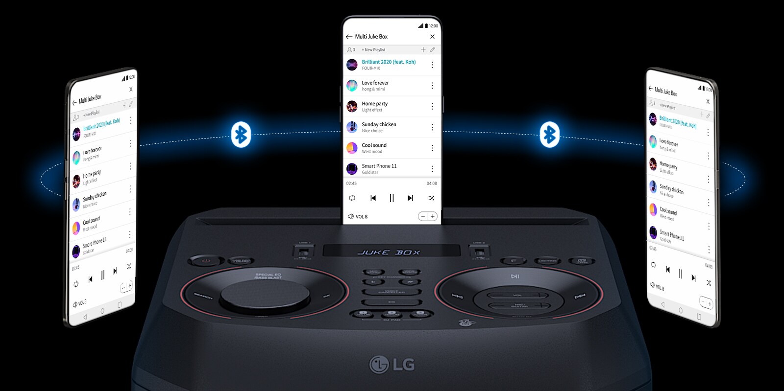 Kõlari LG XBOOM RNC7 peal on nutitelefon ja selle ümber hõljuvad veel kaks nutitelefoni. Nutitelefonide vahel on Bluetoothi logo.