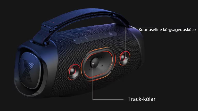 Diagonaalne LG XBOOM Go XG8T vaade näitab track-tüüpi kõlarit ja kuppelkõrgsageduskõlarit.