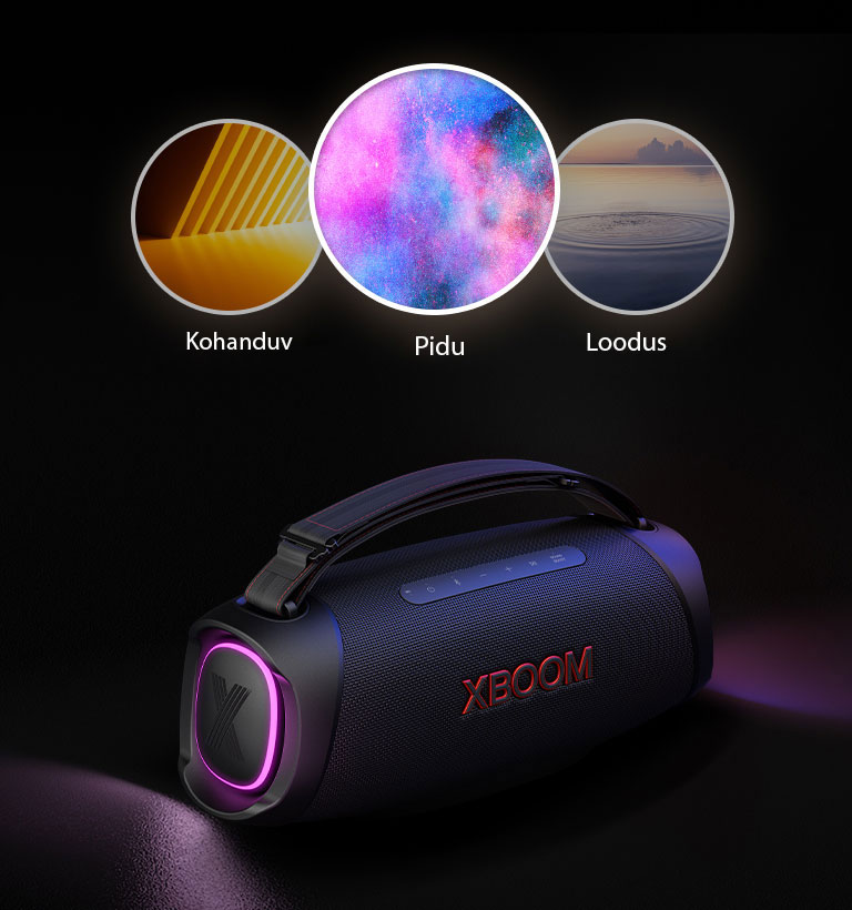 Lilla valgusega LG XBOOM Go XG8T on pandud põrandale. Kõlari peal on näha kolm Light studio režiimi: kohanduv, loodus ja pidu.