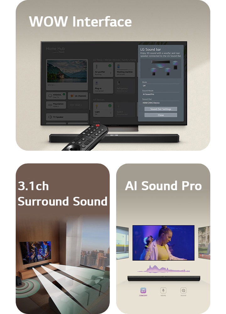 LG Soundbar ribakõlari, LG kaugjuhtimispuldi ja LG TV teleri pilt, millel on ekraanil WOW Interface liides.  Pilt LG TV telerist ja LG Soundbar ribakõlarist elutoas, kus toimub muusikaline etendus. Ribakõlarilt eralduvad tilkadest koosnevad valged helilained, mis keerlevad ümber diivani ja eluruumi, et kujutada ruumilist heli. Aknast paistab linna siluett.  LG Soundbar ribakõlar kolme erineva teleriekraaniga ülal. Üks näitab filmi, üks kontserti ja teine uudistesaadet. Soundbar ribakõlari all on kontserdi, uudiste ja filmi ikoonid.