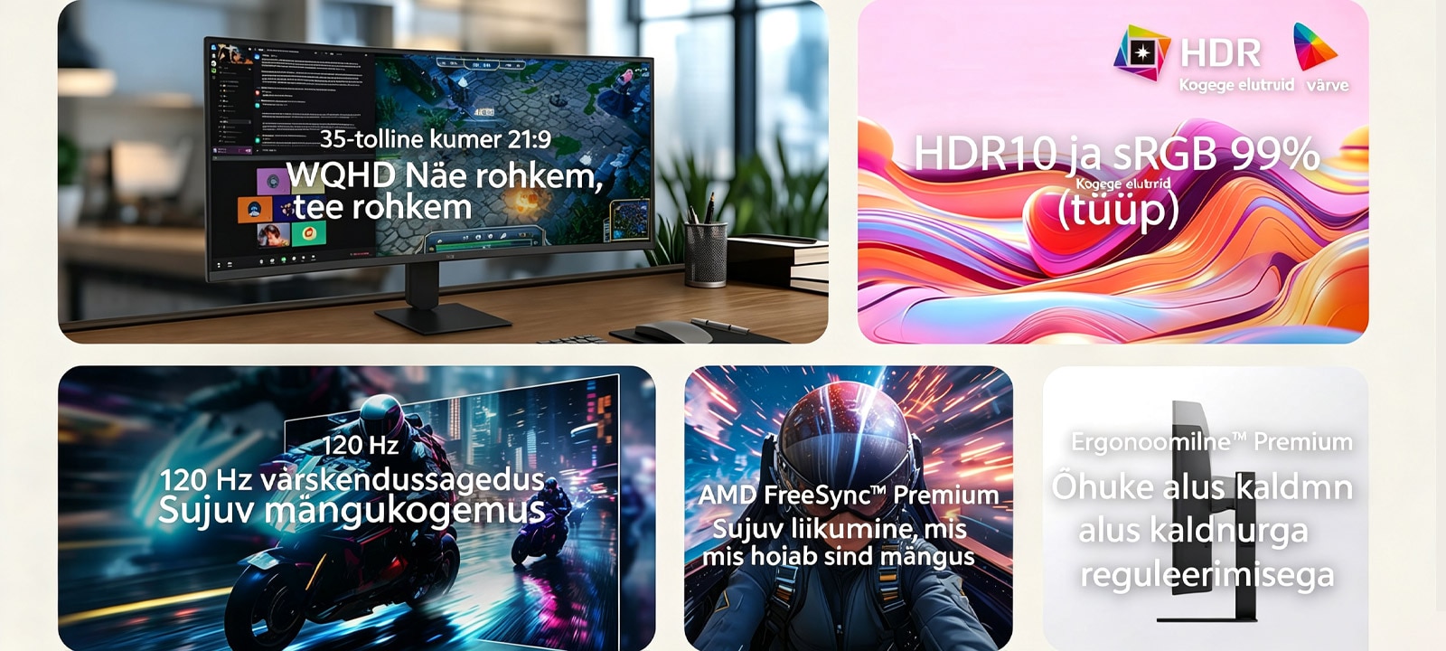 LG UltraWide kumera monitori funktsioonide ülevaade, mis näitab 34-tollist WQHD kumerat ekraani, HDR10 koos sRGB 99% värvitäpsusega, sujuvat 120 Hz värskendussagedust, AMD FreeSync tuge ning õhukest alust kaldnurga reguleerimisega kaasahaaravaks mängimiseks ja tõhusaks multitegumtööks.