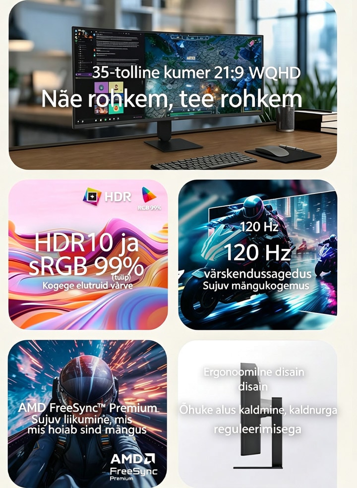 LG UltraWide kumera monitori funktsioonide ülevaade, mis näitab 34-tollist WQHD kumerat ekraani, HDR10 koos sRGB 99% värvitäpsusega, sujuvat 120 Hz värskendussagedust, AMD FreeSync tuge ning õhukest alust kaldnurga reguleerimisega kaasahaaravaks mängimiseks ja tõhusaks multitegumtööks.