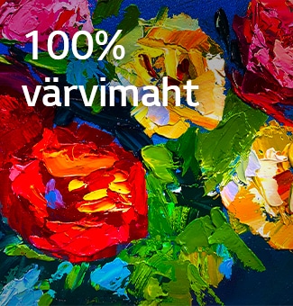 LG Gallery TV AI raamiga LX7 ART TV Dynamic QNED Color'iga kuvab rikkaliku tekstuuriga maali lähivaadet, kus intensiivsed punased, kollased ja rohelised toonid rõhutavad 100% värvimahtu, tuues kunsti ellu.