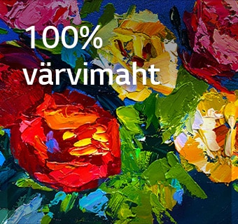 LG Gallery TV AI raamiga LX7 ART TV Dynamic QNED Color'iga kuvab rikkaliku tekstuuriga maali lähivaadet, kus intensiivsed punased, kollased ja rohelised toonid rõhutavad 100% värvimahtu, tuues kunsti ellu.